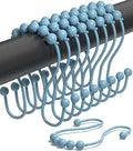 Shower Curtain Hooks Rust Proof (Set of 12) - Stainless Steel Shower Curtain Rings - Anti Slip Roller Balls for Easy Glide (Omega Double Hooks, Sky Blue)