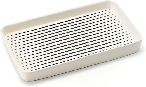 10"×6"×1" White Bathroom Vanity Tray for Countertop- Ceramic Decorative Organizer Tray for Dresser Tops, Toilet, Perfume, Sponge Holder Soap Dish Dispenser for Kitchen Counter- Black Stripes