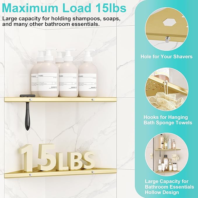 10" Bathroom Corner Shelf, 2 Pack Recessed Shower Shelf Caddy, SUS304 Stainless Steel Shelf Wall Mount Triangular, No Drilling Brushed Golden
