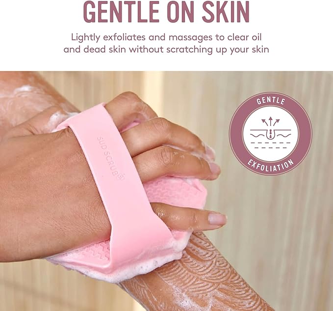 Sud Scrub® Antimicrobial Silicone Body Scrubber, Exfoliating Body Scrubber for Sensitive Skin, Eco Friendly Shower Scrubber for Body, Silicone Body Brush for Showering, Pink