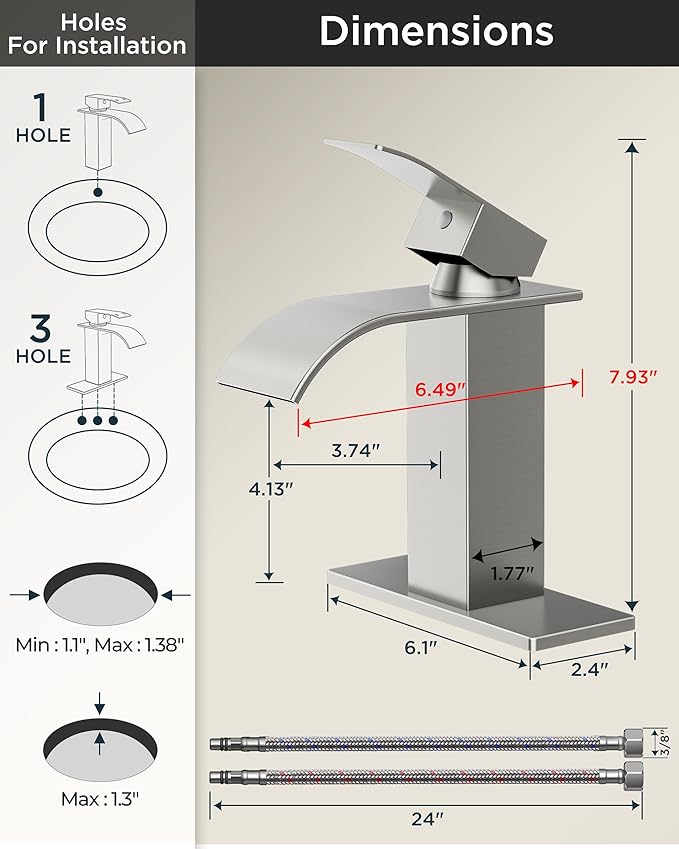 FORIOUS Brushed Nickel Waterfall Bathroom Faucets 1 or 3 Hole, Vanity Single Bathroom Sink Faucet with cUPC Supply Line and Pop Up Drain, Suitable for Basin, RV, Restroom Sink