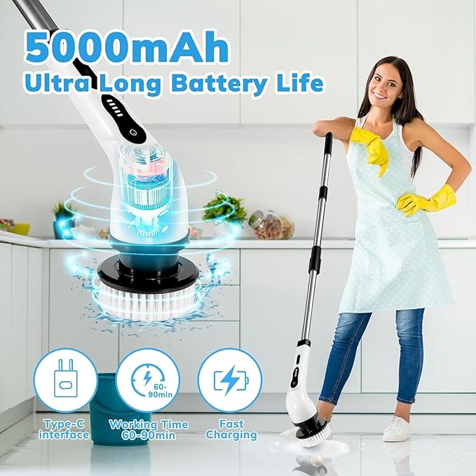Electric Spin Scrubber, Cordless Electric Cleaning Brush with Extension Handle, 9 Replaceable Brush Heads, 1.5H Working Time, 2 Speed, Power Scrubbing Brush for Floor, Tile, Kitchen, Car Wash White