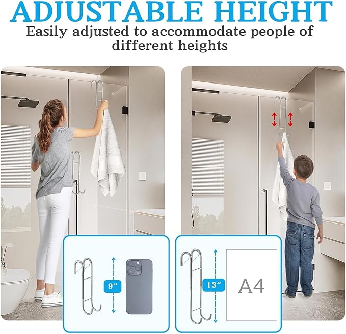 Ofiray-home Shower Door Towel Hooks(2-Pack) - 9"~13" Length Adjustable Hook for Frameless Over The Door Glass, Squeegee Holder, Towel Hanger for Bath Suits Rozer Robes Loofahs Shavers, Stainless Steel