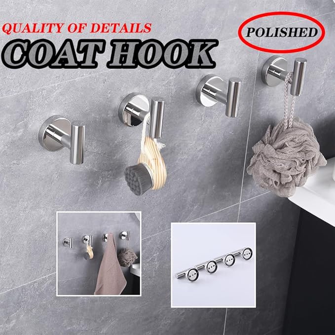 GERZWY Bathroom Towel Hook SUS 304 Stainless Steel Coat/Robe Clothes Hook for Bath Kitchen Modern Hotel Style Wall Mounted 4 Pack Polished Finish AG1307B-JG