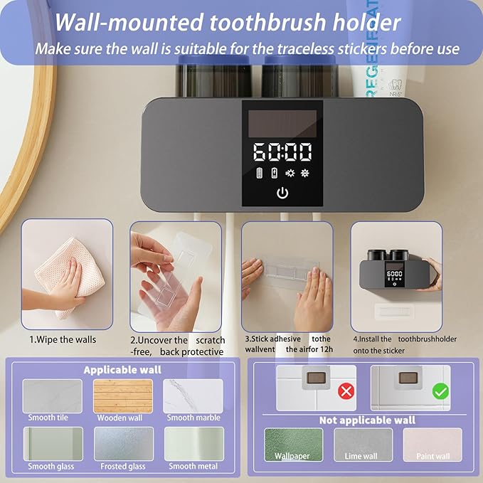 Toothbrush Holders for Bathrooms,LED Smart Screen Bathroom Accessories,Cleaning and Air Drying and Timer Function,Solar Rechargeable Cordless 2 Cups Electric Toothbrush Holder (Grey)