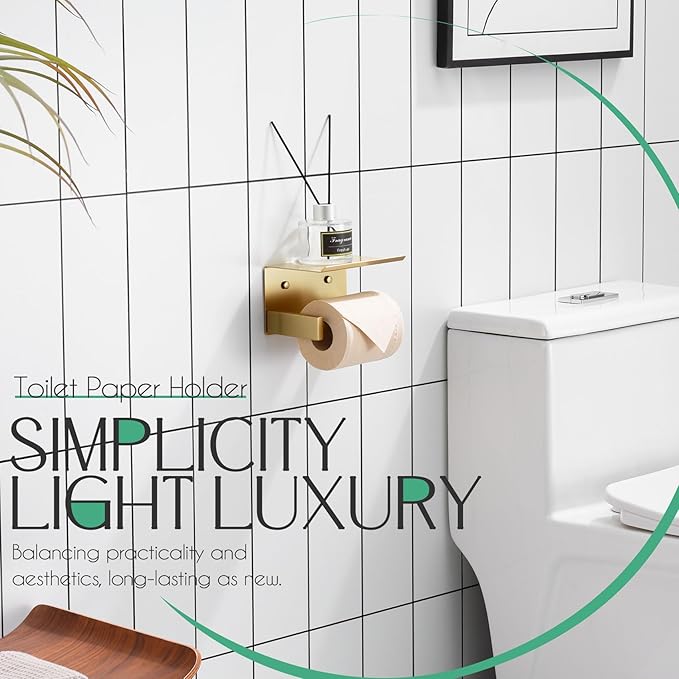 KOKOSIRI Roll Paper Holder Spring Loaded Tissue Paper Holder Bathroom Toilet Roll Holder with Shelf Wall Mounted Stainless Steel Brushed Gold B2012BG