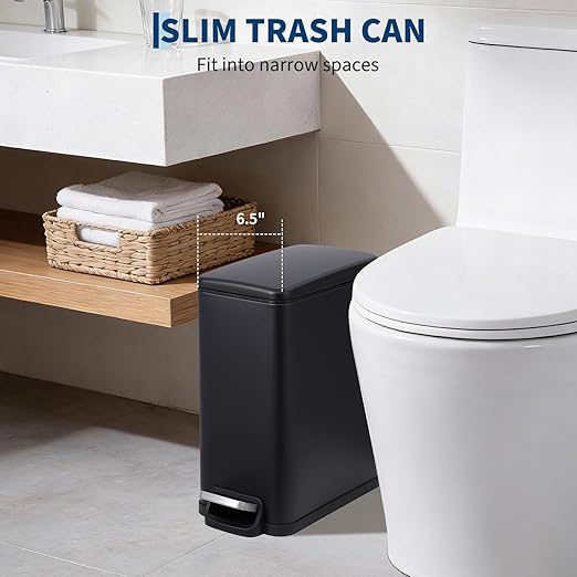 Garvee Small Bathroom Trash Can with Lid, 10 Liter / 2.6 Gallon Stainless Steel Garbage Can with Removable Inner Bucket & Step Pedal, Slim Metal Trash Bin for Toilet, Bedroom, Kitchen, Office, Black