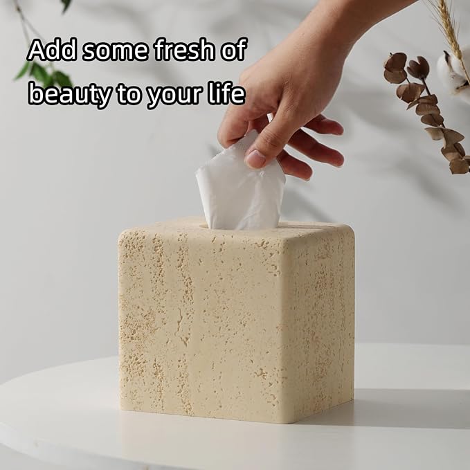 Tissue Box Cover Square, Resin Facial Tissue Holder Covers Toilet Paper Holder Decorative Travertine Paper Dispenser Home Decor for Bathroom Bedroom Living Room Office (Square Yellow)