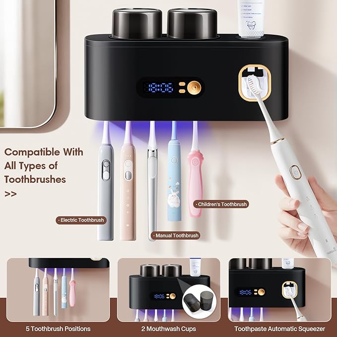 Upgrade Toothbrush Sterilizer,Toothbrush Holder for Bathroom,Tooth Brush Cleaning Tool with Toothpaste Dispenser Wall Mounted Type-C Charging with 2 Cups (Black)