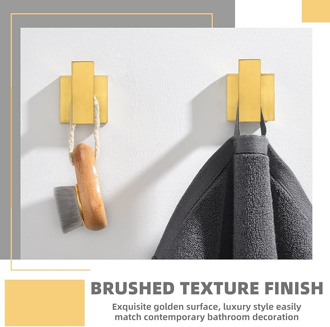 APLusee Robe Towel Hook 2 Pack Brushed Gold, 304 Stainless Steel Square Coat Hanger, Wall Mounted
