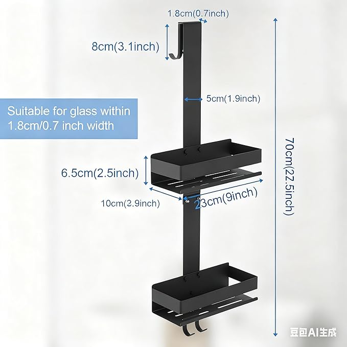 Shower Caddy Over Door Black - 2 Tier Haning Shower Caddy Shelf Rack, Stainless Steel Shower Organizer No Drilling Bath Shower Storage