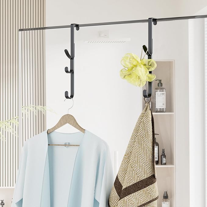 Over the Door Hooks hanger,over the door towel hook Organizer hanging for coat clothes backpack hat purse Metal Towel Rack Back of Shower for Bathroom,Dorm,Bedroom,Kitchen,Office Closet (Black-2Packs)