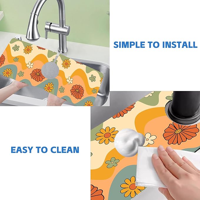 70s Groovy Flowers Sink Faucet Absorbing Mat Retro Waveas Splash Guard Behind Faucet Sink Mat Absorbent Fast Drying Faucet Draining Mat for Bathroom Kitchen 5.5"×15"