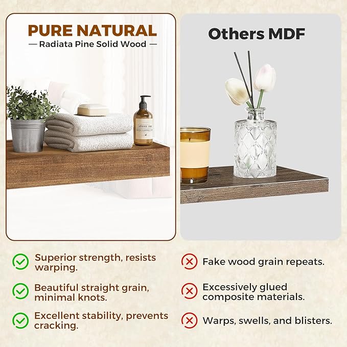 Floating Wall Shelf 16x6.8x1.7 Inch – Solid Wood Shelf in Dark Oak Finish – Wall Mounted Rustic Display Organizer for Bathroom, Kitchen, Bedroom, Small Spaces – Set of 3