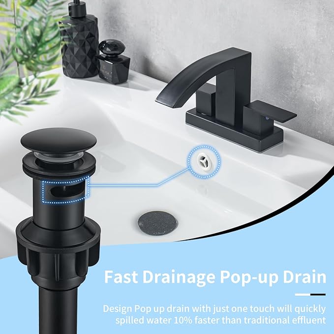4 Inch Centerset Bathroom Faucet, 2-Handle Waterfall Sink Faucet 3 Hole, Matte Black Vanity Faucet with Pop Up Drain & cUPC Supply Hoses,Waterfall Bathroom Faucet for Lavatory