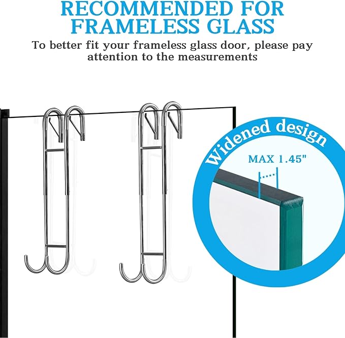 Ofiray-home Shower Door Towel Hooks(2-Pack) - 9"~13" Length Adjustable Hook for Frameless Over The Door Glass, Squeegee Holder, Towel Hanger for Bath Suits Rozer Robes Loofahs Shavers, Stainless Steel