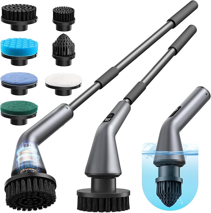VICNOVA Electric Spin Scrubber, IPX7 Waterproof 2-Speed, Extendable Long Handle Cordless Cleaning Brush with 7 Replacement Brush Heads for Bathroom Car Shower Bathtub Glass Tub Tile Floor