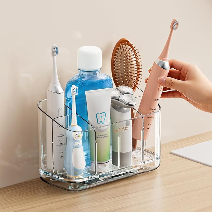 Toothbrush Holders for Bathrooms, 5 Slots Electric Toothbrush Holder Wall Mounted with Adjustable Divider, Detachable Bathroom Countertop Organizer with Drain Tray for Shower/Kitchen/Office