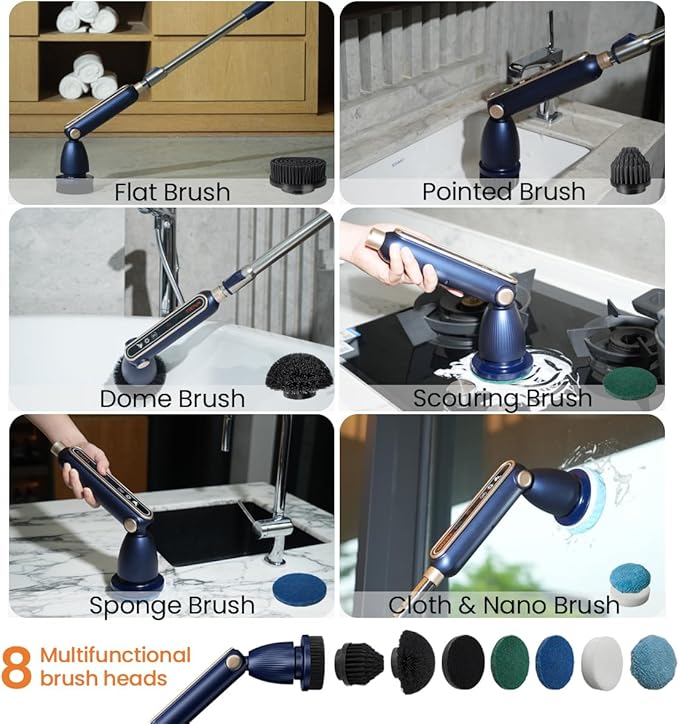 Electric Spin Scrubber 16 in 1 Cleaning Brush with Adjustable Angles & Heads, Bathroom Power Scrubber with Extendable Handle, Interactive LED, Cleaning Supplies for Toilet,Kitchen,Shower-Blue
