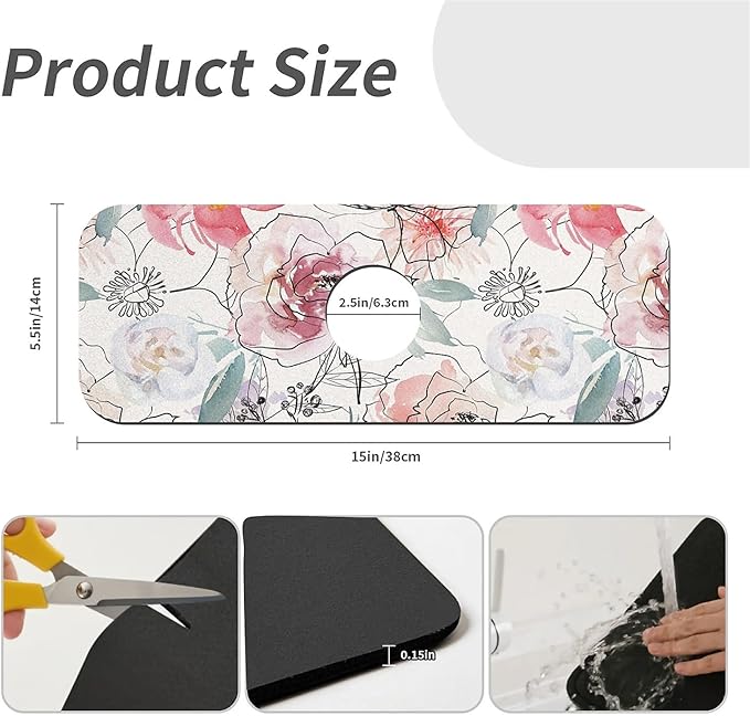 Kitchen Sink Splash Guard，Pink watercolor peonies Faucet Mat Sink Gadgets-Super Absorbent Fast Drying Mat Drip Catcher for Kitchen, Bathroom,Sink Mat, Dish Drying Mat, Bathroom(15" X 5.5" )