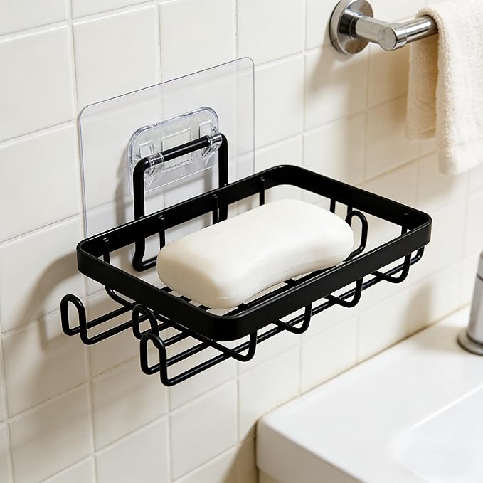 Shower Soap Holder Wall Mounted 2 Pc, Bathroom Soap Holders with 4 Hooks, Razor Holder for Shower Wall, Jaboneras Para Baños Modernos for Storage of Shampoo Bar, Conditioner, Razor, No Drilling, Black