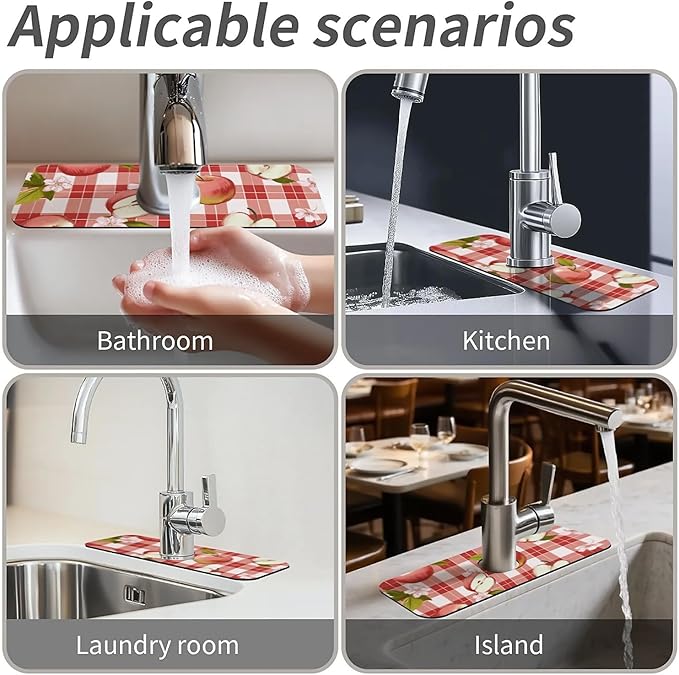 Kitchen Sink Splash Guard，Apple-on a checkered Faucet Mat Sink Gadgets-Super Absorbent Fast Drying Mat Drip Catcher for Kitchen, Bathroom,Sink Mat, Dish Drying Mat, Bathroom(15" X 5.5" )