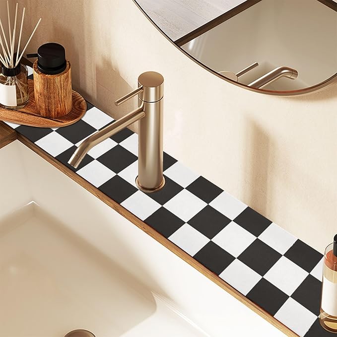 Checkered Black Kitchen Sink Splash Guard Sink Faucet Mat Faucet Handle Drip Catcher Drain Mats for Kitchen Bathroom Countertop Absorbent Dish Drying Pad 2Pack 14.7x5.4IN