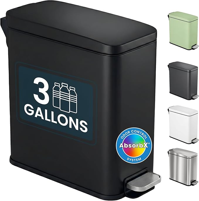iTouchless 3 Gallon Slim Bathroom Trash Can with Lid, Odor Filter, Soft-Step Stainless Steel Pedal Bin for Narrow Space, Smudge-Resistant Wastebasket for Modern Farmhouse Industrial Decor, Matte Black