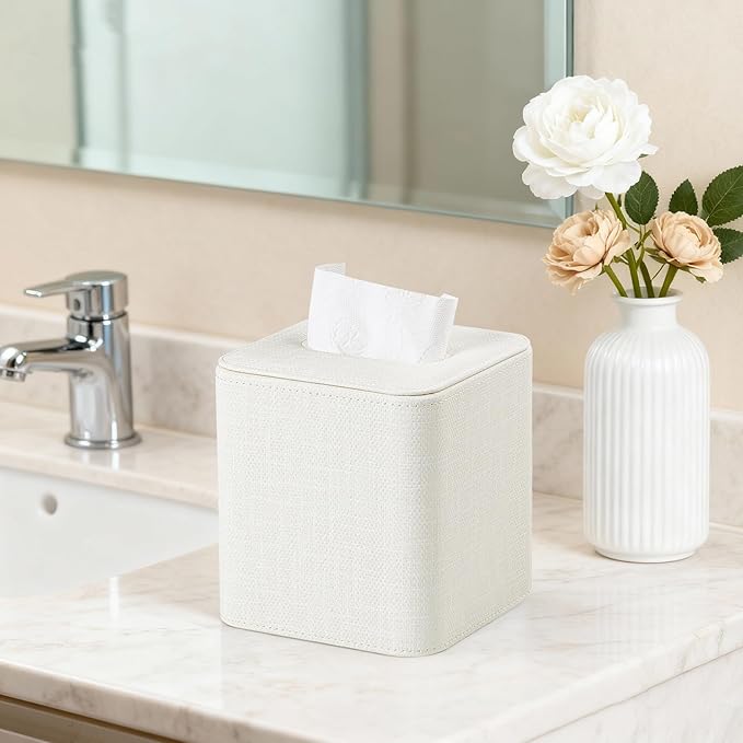 Square Tissue Box Cover with Magnetic Closure, Modern PU Leather Tissue Box Holder for Bathroom Vanity Countertop Night Stands Bedroom Office Desk, Stylish Cube Tissue Holder (Cream)