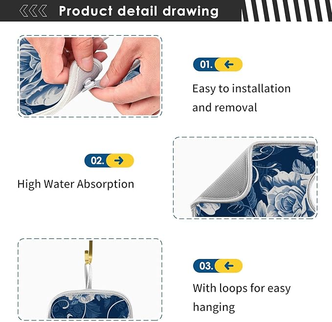 2 PCS Kitchen Sink Splash Guard 23.6 Inch Faucet Mat for Kitchen Sink Bathroom Sink Faucet Absorbing Drip Drain Mat Pad Microfiber Soft Washable Navy Blue Roses and Butterflies