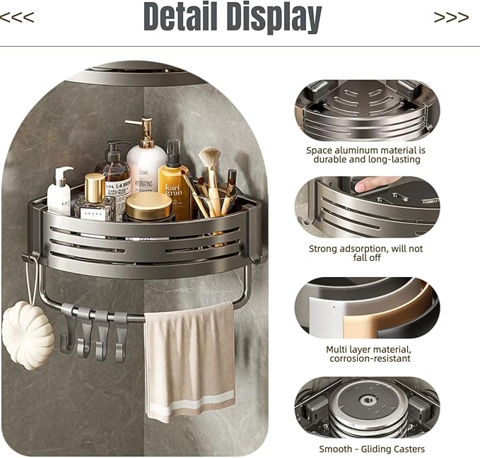 Corner Shower Shelf Caddy Suction Cup, No Drill Hole with Towel Bar and Hook, Gray Bathroom Storage Rack, Zero Drill Triangle Shelves, Store Toiletries and Bath Towel for Bathroom Kitchen RV