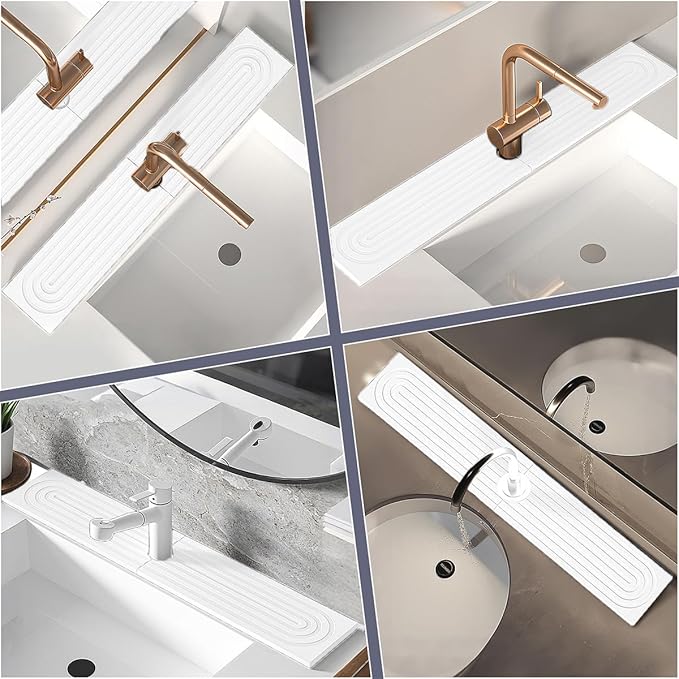 Absorbent faucet mat for Kitchen Sink - Water Absorbing Stone Tray for Sink, Diatomite Fast-Drying Faucet Mat,Faucet Splash Guard for Kitchen,Bathroom Sink (White, 15.8" x 3.9")