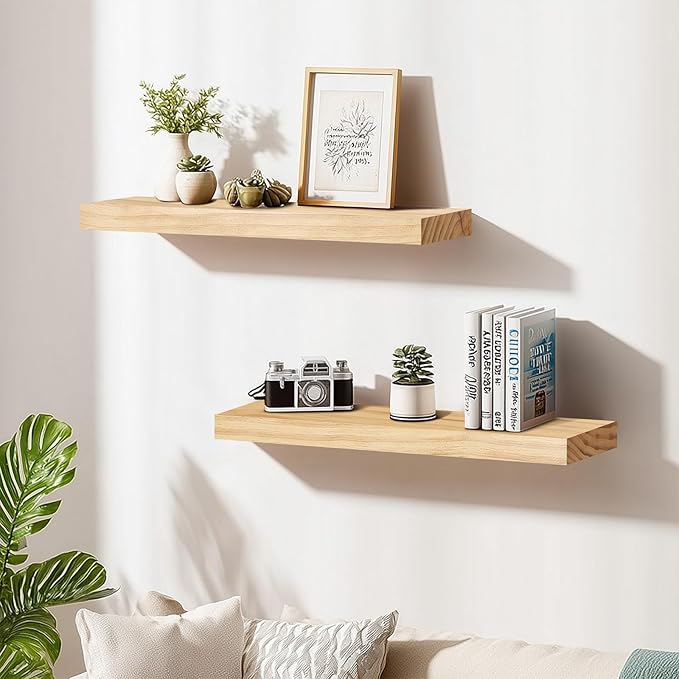 Floating Wall Shelves 30x6.8x1.7 Inch – Solid Wood Rustic Shelves in Natural Wood Finish – Wall Mounted Heavy Duty Display Shelf for Kitchen, Bedroom, Living Room – Set of 2