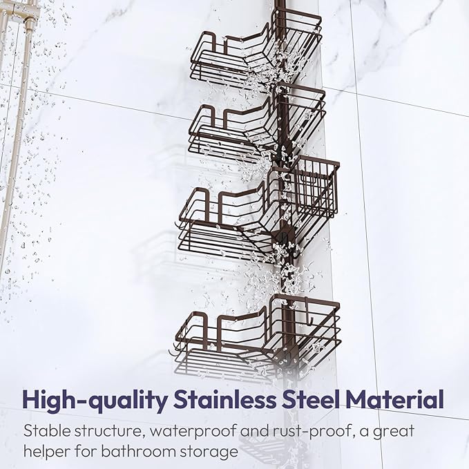 SWTYMIKI Shower Caddy Tension Pole - 4-Tier Corner Shower Organizer Tension Rod with Soap Holder, Toothbrush Holder & 4 Hooks, Adjustable Stainless Steel Bathroom Organizer 27.6 to 108.3 inch, Bronze