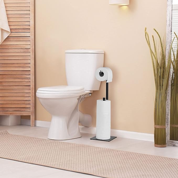 Black Toilet Paper Holder Stand, Bathroom Toilet Tissue Paper Roll Storage Free Standing Tissue Roll Holder Industrial Toilet Paper Dispenser for Farmhouse Washroom