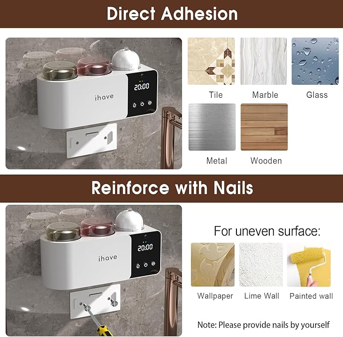 iHave Toothbrush Holders Wall Mounted with Toothbrush Sanitizer & Aromatherapy Diffuser | Auto-Cycle Disinfection, Heated Fan Drying, USB Rechargeable, IR Night Light,LED - 2 Cups Bathroom Organizer
