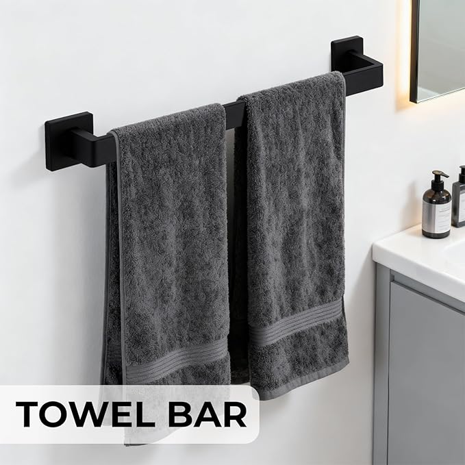 5 Pieces Matte Black Bathroom Hardware Accessories Set, 23.6 Inch Stainless Steel Towel Bar Set, Wall Mount Toilet Paper Holder, Towel Holder, Towel Hooks for Bathroom