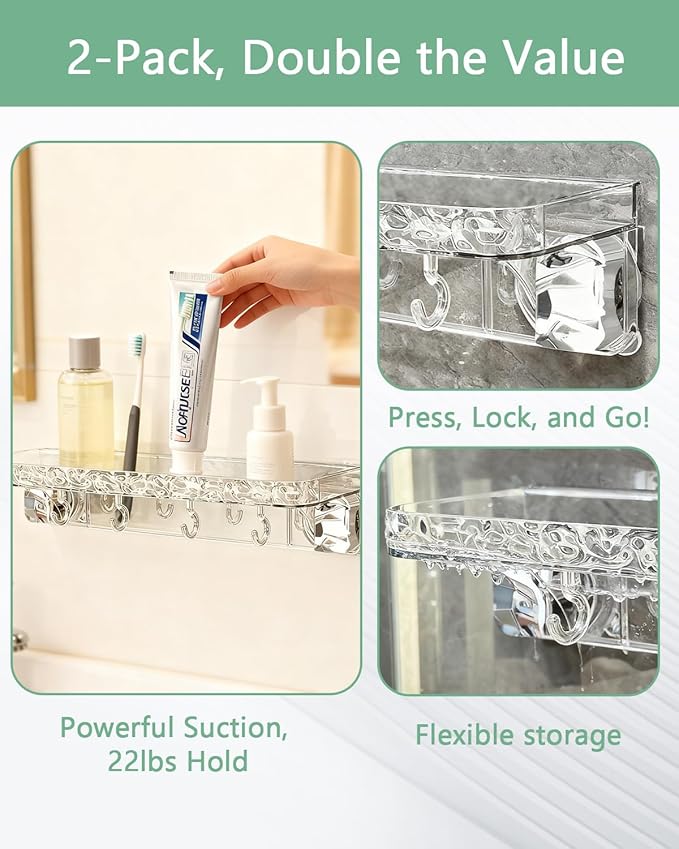 Shower Caddy Suction Cup 2-Pack, Shower Organizer with NO Drill Removable Design Powerful Suction, Holds 22lbs, 8 Hooks for Bathroom Storage, Shower Shelves Kitchen