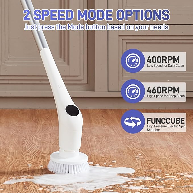Electric Spin Scrubber - Bathtub Shower Scrubber,Bathroom Cleaning Brush Floor Brushes with Long Handle,Power Cordless Automatic Handheld Mop Cleaner for Bath Tub Kitchen Tile Grout Hardwood