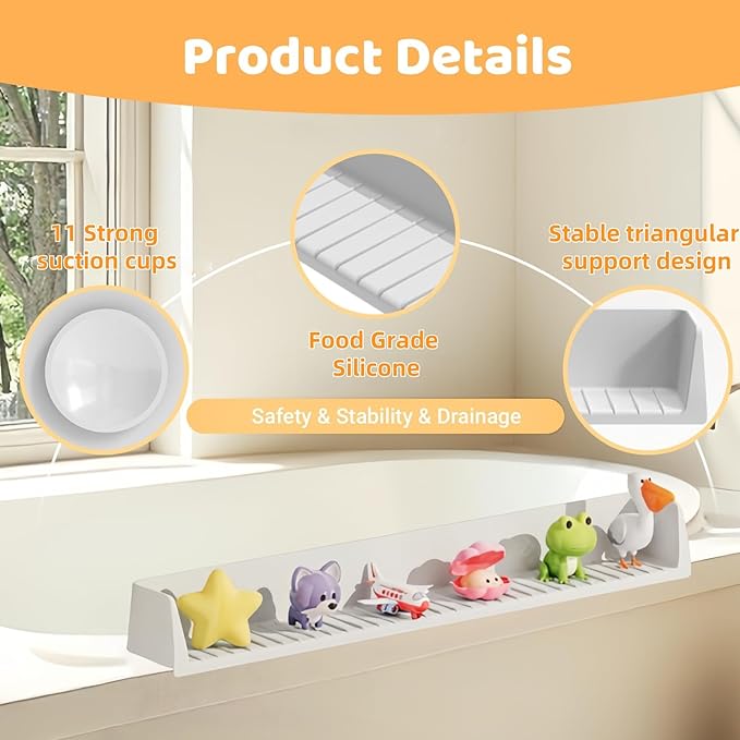 Bathtub Splash Guard for Kids - 2.6 Ft Length with Toy Tray & 11 Strong Suction Cups, Silicone Splash Guard for Easy Clean & Fold,Universal for Tubs,Bathroom & Kitchen Sinks