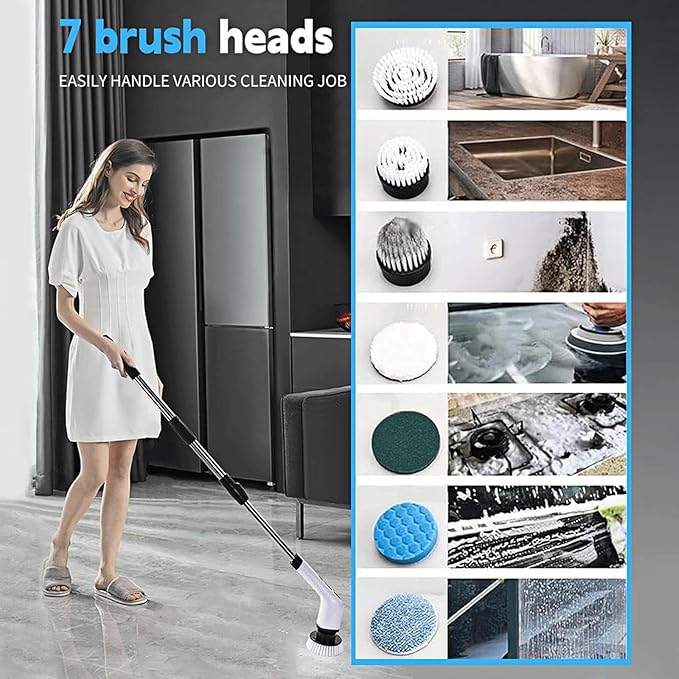 Floor Tile Toilet Brush Long Handle Bathroom Brush Cordless Electric Cleaning Brush with 8 Replaceable Brush Heads for Home ()