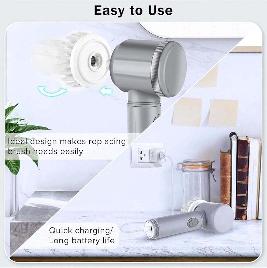 Electric Cleaning Brush Set with Replacement Heads, Handheld Power Scrubber for Kitchen, Bathroom, Shoes, Gray (Greay, 6 Replacement Brush Heads)