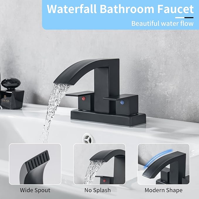4 Inch Centerset Bathroom Faucet, 2-Handle Waterfall Sink Faucet 3 Hole, Matte Black Vanity Faucet with Pop Up Drain & cUPC Supply Hoses,Waterfall Bathroom Faucet for Lavatory
