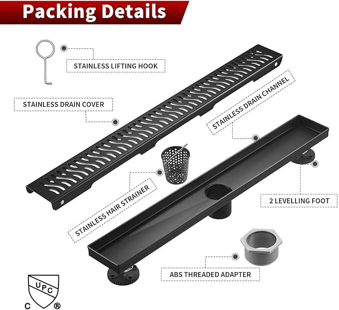 Sharp-tec Linear Shower Drain, 36 inch Shower Drain with Removable Pattern Cover, Matte Black 304 Stainless Steel Rectangle Floor Drain, Adjustable Feet and Hair Strainer Included