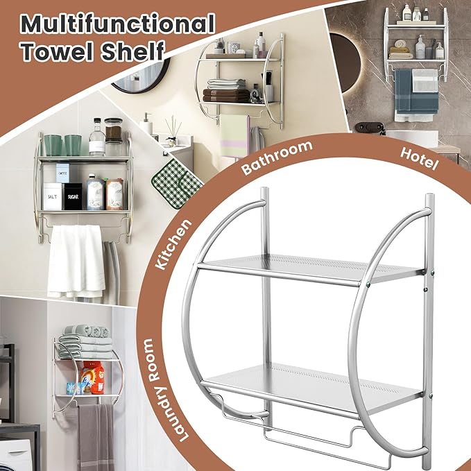 GOFLAME Wall Mounted Bathroom Shelf Set of 2, 2-Tier Chrome Towel Rack with Leaky Design Shelves, Towel Bars, Chrome Bathroom Shelf for Living Room Kitchen Bathroom, Silver