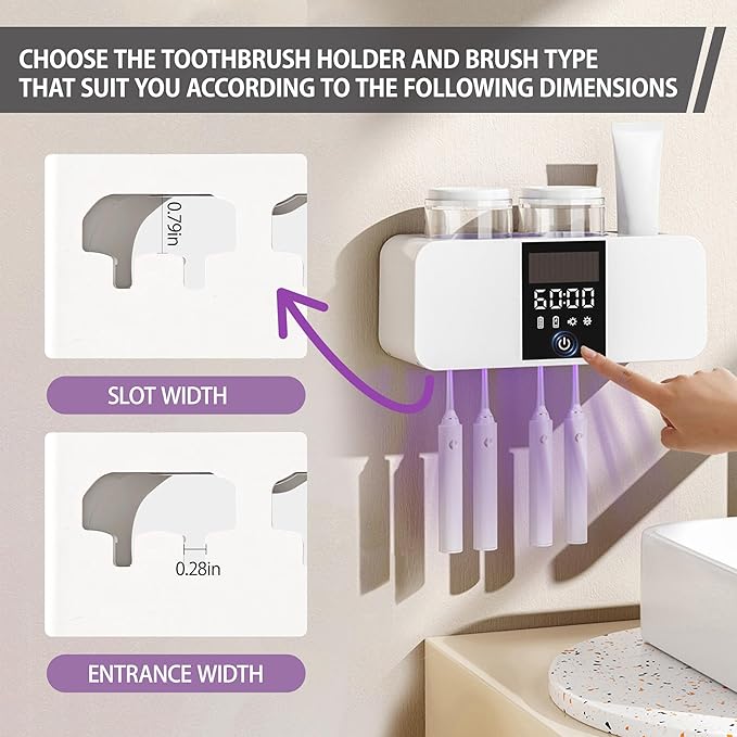 Toothbrush Cleaner & Toothbrush Holders Wall Mounted Cleaning and Air Drying LED Smart Screen and Timer Function Rechargeable Cordless Tooth Brushing Holder for Bathrooms(White)