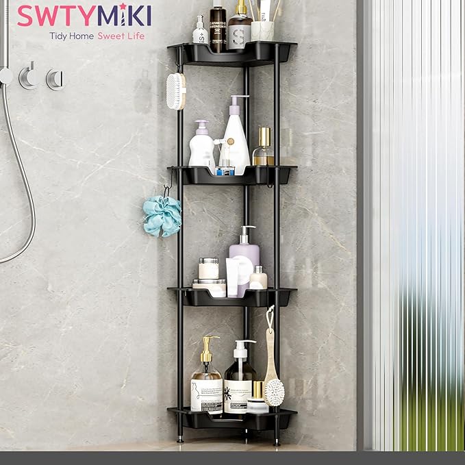 SWTYMIKI Corner Shower Caddy Standing - 4 Tier Floor Standing Shower Organizer with 4 Hooks, Plastic & Stainless Steel Waterproof Corner Stand Shower Shelf Storage Rack for Bathroom, Bathtub, Black