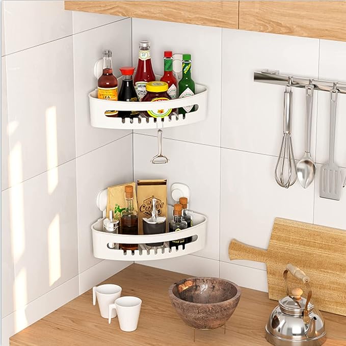 LUXEAR Corner Shower Caddy Suction Cup No-Drilling Removable Shower Caddy Basket Powerful Suction Bathroom Shower Shelf Waterproof & Rustproof Organizer for Bathroom Storage - White