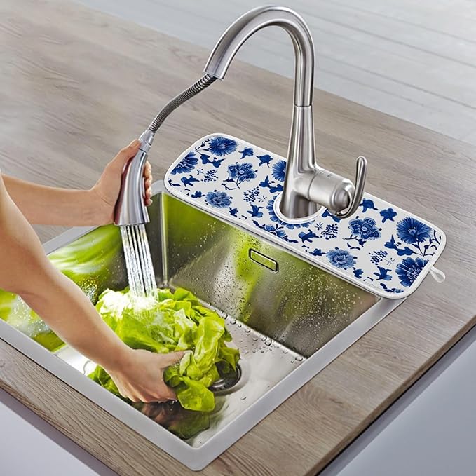 2 PCS Kitchen Sink Splash Guard 30 Inch Faucet Mat for Kitchen Sink Bathroom Sink Faucet Absorbing Drip Drain Mat Pad Microfiber Soft Washable Floral Blue and White Tile