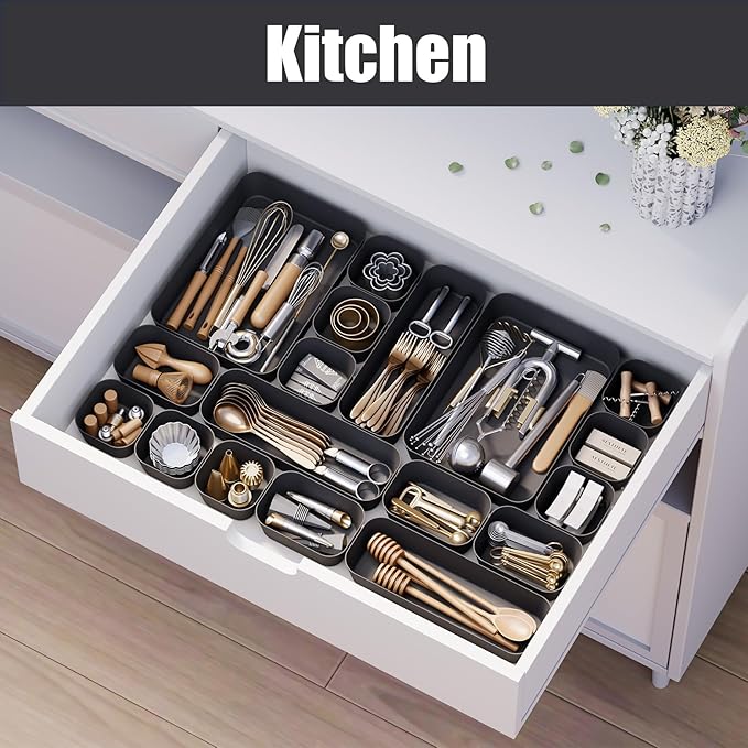 Plastic Drawer Organizers, 28 PCS Drawer Organizer Bins, Bathroom and Vanity Organizer Plastic Tray, Makeup organizer and storage for Makeup, Bedroom, Kitchen Gadgets Utensils and Office